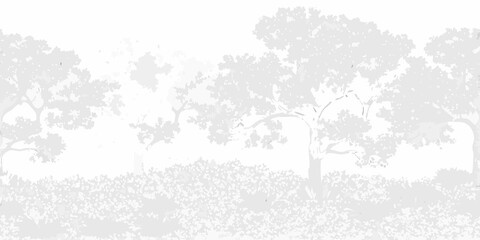 Obraz premium Silhouetted trees and foliage create a misty grayscale woodland scene