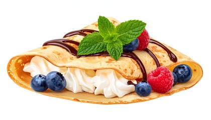Folded crepe filled with whipped cream, berries, chocolate sauce, & a mint sprig, isolated on a white background