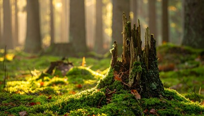 Forest floor with moss covered stump, sunlight filtering through trees, soft light