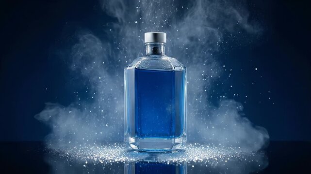 Elegant bottle of men's cologne standing on a reflective surface with a dynamic explosion of white powder behind it. The scented product advertisement showcases a fresh and powerful fragrance concept