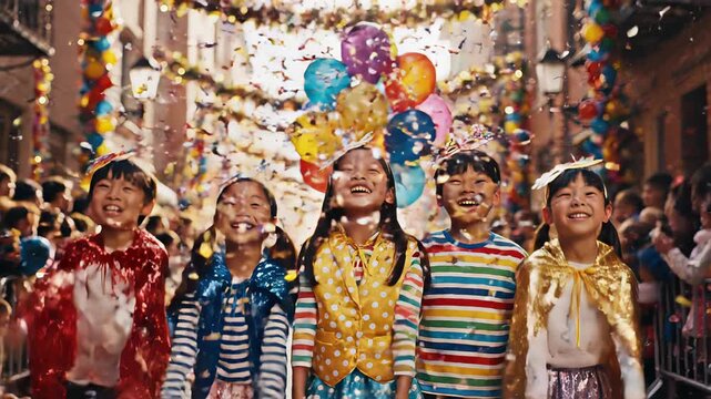 Five cheerful asian kids in colorful costumes smiling and laughing as confetti falls all around them during a vibrant street festival parade, holding a bunch of bright balloons. Carnival