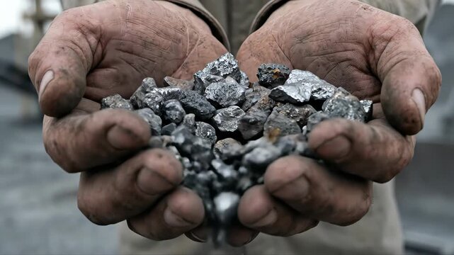 Closeup of a miner's rough, dirty hands holding a handful of raw lithium and silver ore, with small pieces and dust falling through his calloused fingers in an industrial quarry