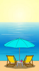 Obraz premium Illustration of beach with umbrella, chairs, and drink, creating a peaceful and relaxing ambiance, representative of summer vacation and coastal getaway
