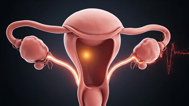 Medical 3d animation of the female reproductive system showing ovulation and fertilization, with an electrical impulse representing life beginning within the uterus on a dark background