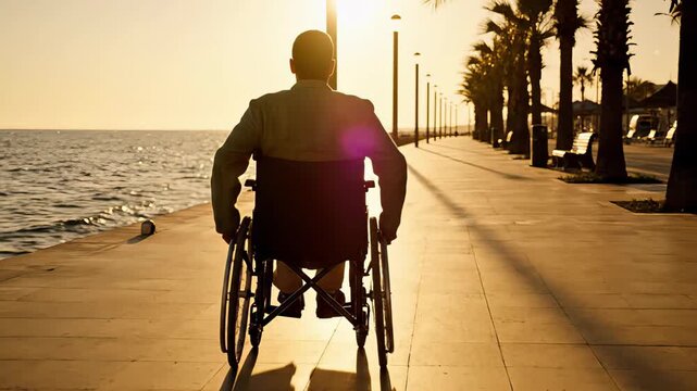 Inspirational silhouette of a handicapped man moving in a wheelchair along a scenic seaside promenade during a beautiful golden sunset, embodying concepts of hope, resilience, and strength