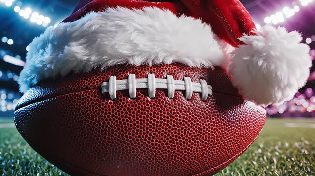 Festive american football wearing a santa claus hat resting on a grassy field in a crowded stadium at night, with snow gently falling under bright, colorful spotlights during the holiday season