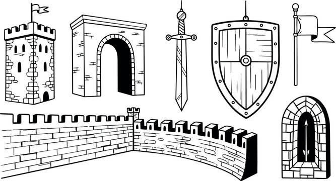Black and white line art medieval castle tower arch sword shield flag and stone wall vector illustration set