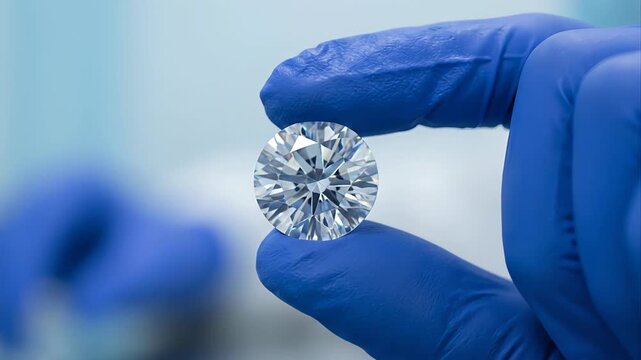 Close up view of a scientist or gemologist wearing blue gloves and a face mask examining a brilliant cut diamond, checking its quality and clarity inside a laboratory or a workshop. rhinestone.