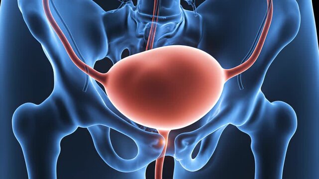 Medical animation showing an x ray view of the human urinary bladder suffering from cystitis, an inflammation causing frequent and painful urination, often due to a urinary tract infection