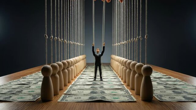 Conceptual video of a puppet businessman freeing himself from the puppeteer's control, symbolizing freedom from manipulation, breaking chains, and achieving independence in the financial world