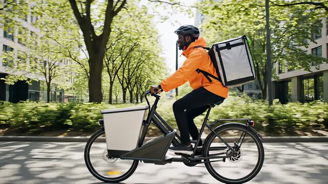 African american food courier wearing an orange jacket and helmet riding a cargo electric bicycle with a thermal bag through a modern city district with green trees and office buildings