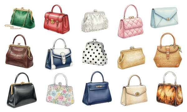 Watercolor collection of vintage women's handbags and purses
