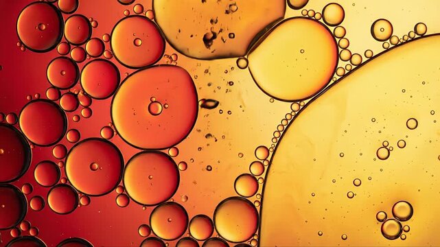 Abstract science background with colorful oil drops in water, featuring bubbles moving and coalescing in dynamic and vibrant microscopic dance of immiscible liquids in warm orange and red tones. ASMR