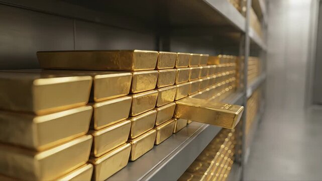 Immense quantities of pure gold bars stacked neatly on shelves inside a secure bank depository, a single ingot sticking out. Massive treasure representing wealth, banking, and financial stability