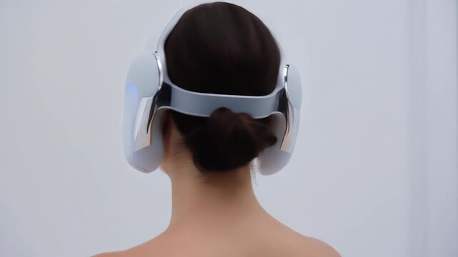 Serene woman with her eyes closed receiving a futuristic blue led light therapy facial treatment with a modern device for skin rejuvenation, anti aging, and lifting, isolated on a white background