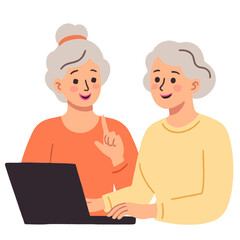 Obraz premium Two elderly women discussing while using a laptop at home. Elderly set