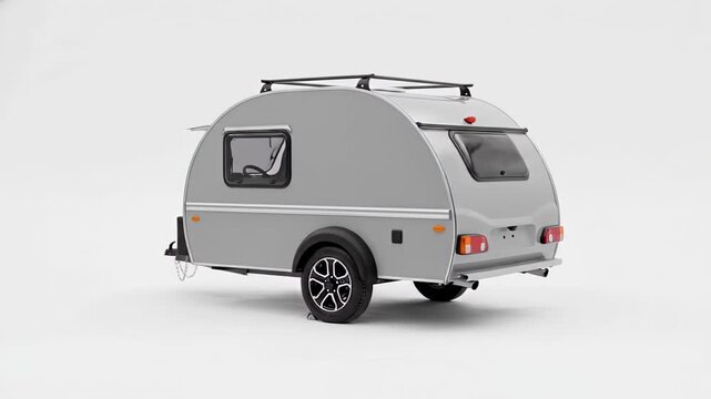 Compact and modern silver teardrop camper trailer rotating 360 degrees, isolated on a white background. This recreational vehicle is perfect for camping, adventure, and road trip holidays