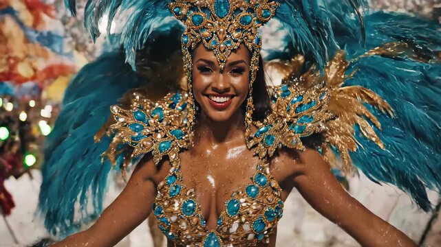 Beautiful smiling woman in a spectacular feathered costume dancing samba during a vibrant night parade at the brazilian carnival, surrounded by a festive crowd and falling confetti