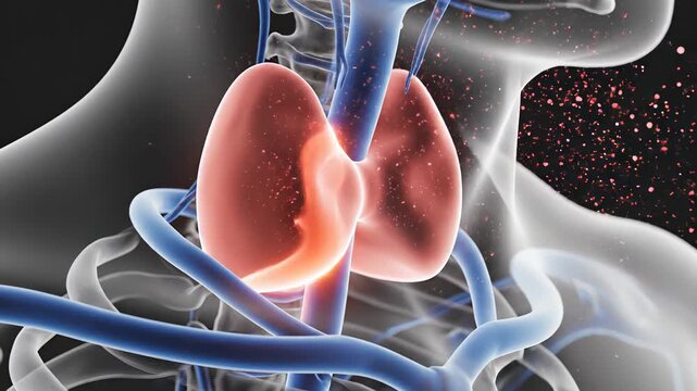 Anatomical 3d animation showing the human thyroid gland with surrounding trachea, veins, and neck structure, visualizing a pathological process like cancer, inflammation, or hormonal imbalance