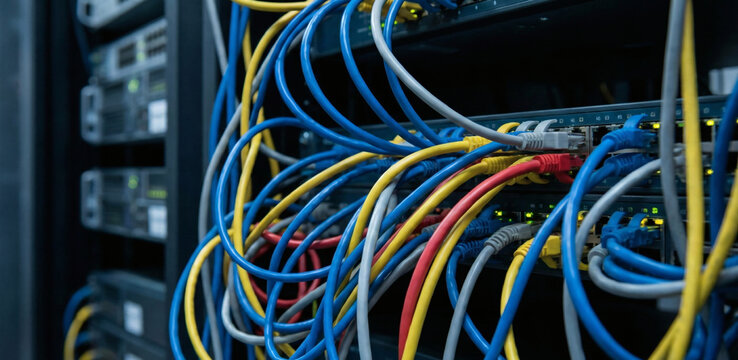 Messy bunch of colorful ethernet network cables plugged into server switch