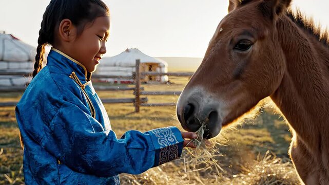 Smiling asian girl wearing a traditional blue deel hand feeding hay to a young brown horse at sunset, with a yurt camp visible in the background of the mongolian steppe