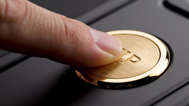 Close up view of a person's finger pressing a shiny gold vip button on a dark, sleek surface, symbolizing exclusive access, luxury treatment, special privileges, and premium services