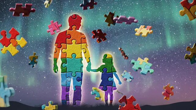 Symbolic representation of neurodiversity and autism awareness featuring a father and child made of colorful puzzle pieces holding hands against a starry sky with falling puzzle elements