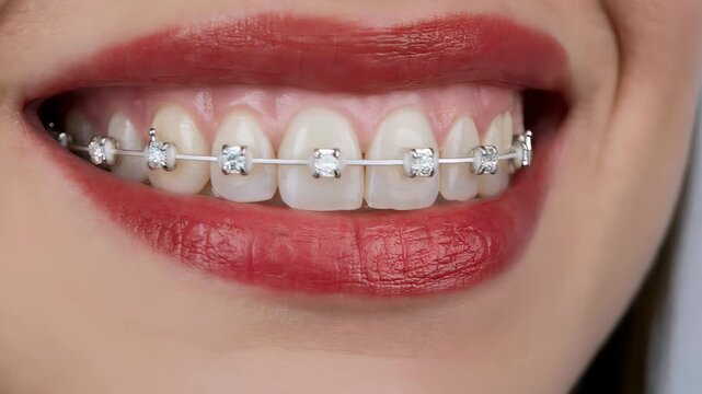 Close up of a smiling woman's mouth with aesthetic ceramic braces on her teeth, showcasing a dental orthodontic treatment for correcting bite alignment and achieving a beautiful, healthy smile