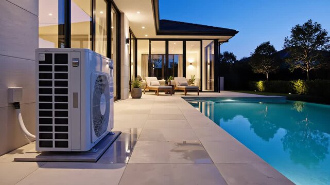 Air source heat pump providing cooling and heating for a modern home with a swimming pool and patio at twilight, showcasing an efficient and eco friendly hvac system for a luxury house