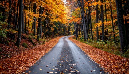 Obraz premium Autumn Road - A Scenic Drive Through a Forest of Vibrant Colors.