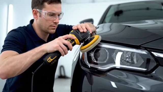 Worker polishing car headlight with power buffer in auto detailing shop