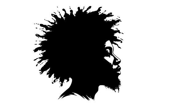 Artistic black and white silhouette of an African American man with a natural afro hairstyle and beard, perfect for urban barbershop logos, cultural identity posters, and street art designs.