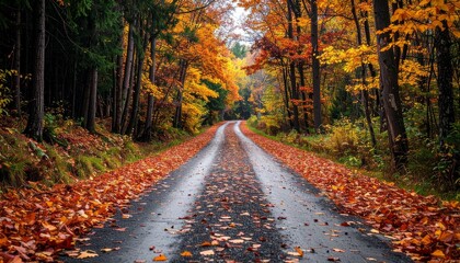 Fototapeta premium Autumn Road - A Scenic Drive Through Vibrant Fall Foliage.