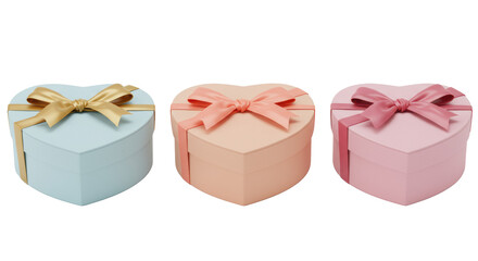 Obraz premium Three pastel heart-shaped matte gift boxes with satin bows, arranged in a row on a transparent background with copy space, soft studio lighting, concept of love and celebration