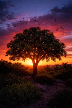 Lush mango tree framed by colourful sunset sky as birds fly overhead, creating a peaceful tropical evening nature scene