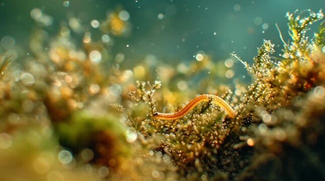 Tiny Marine Worm Larva Moving Through Underwater Moss