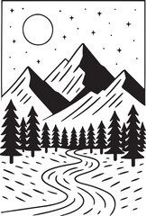 Mountain landscape line art in black and white, minimalist nature scene with river, pine trees and starry night sky, EPS10 vector illustration for coloring pages, tattoos, or outdoor brand logos.