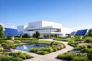 Obraz premium Modern House With Solar Panels in a Green Garden on a Sunny Day