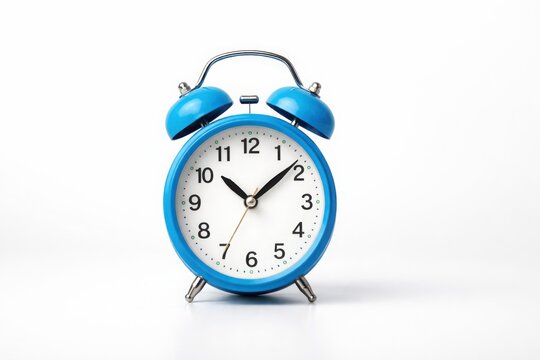 Blue vintage alarm clock on white background shows ten past ten oclock morning