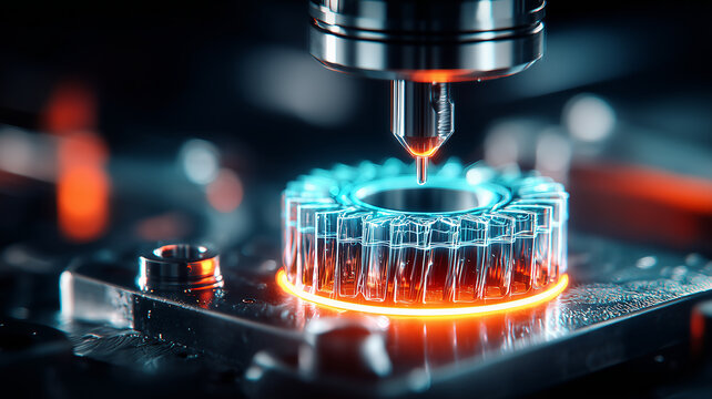 CNC machining tool shaping metal gear to represent precision manufacturing and industrial automation.
