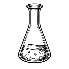 A vintage round bottom flask filled with liquid in engraved handdrawn style. Concept of chemistry and laboratory experiment for science content and design