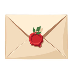 A closed envelope sealed with red wax and holly sprig in festive style. Concept of holiday mail and greeting card illustration for seasonal design and branding