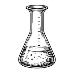 A classic Erlenmeyer flask with liquid and measurement marks in engraved style. Concept of laboratory glassware and science experiment visual design