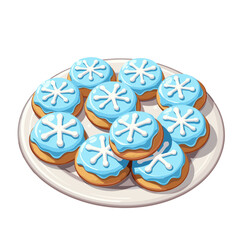 A plate of cookies with blue snowflake icing in festive sweet illustration. Concept of holiday dessert for winter menu packaging and seasonal branding