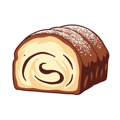 A chocolate Swiss roll dessert with creamy filling on white background. Concept of sweet pastry for bakery menu and dessert packaging design