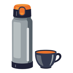 A thermos flask with black cup beside in warm style for outdoor use. Concept of hot drink container for winter travel food blog and menu design