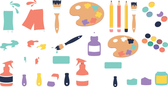 Set of painting supplies including brushes palettes pencils paint bottles sprays and colorful splashes vector illustration elements isolated