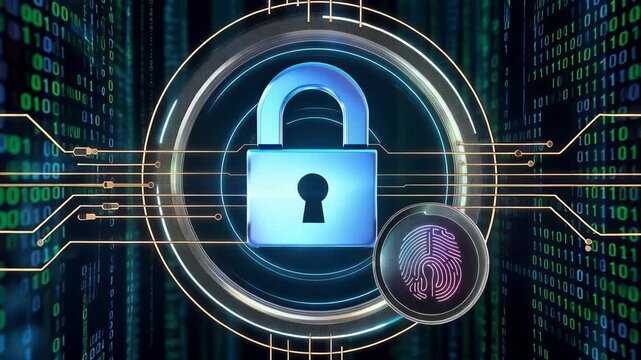 Digital security padlock with fingerprint scan and binary code background abstract concept of cyber protection data privacy and network access authentication technology