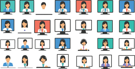 Fototapeta premium Set of business people video call avatars on computer screens remote meeting online conference vector illustrations isolated