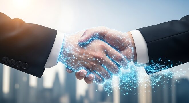A glowing cybernetic handshake symbolizing the seamless integration of advanced technology and human expertise within a global business landscape.